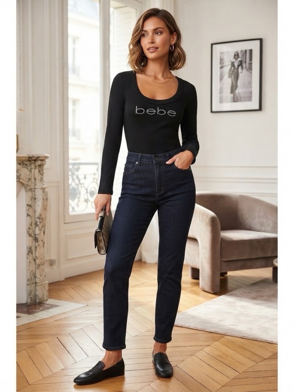 VTG Y2K Bebe Black Ribbed Scoop Neck Long Sleeve Top - Rhinestone Logo